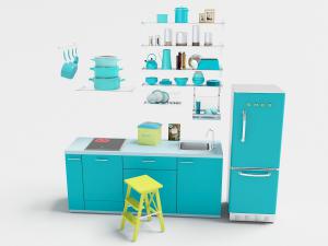 现代清新湖蓝色厨房水吧台、冰箱和厨具组合