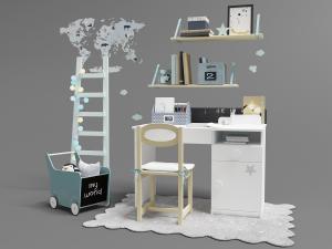 现代白色带有收纳架的儿童书桌椅3d模型 现代白色带有收纳架的儿童书桌椅
