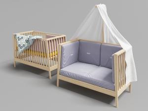 带有靠垫、床幔的实木婴儿床