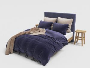 现代带有紫色布艺床品的软包床头双人床