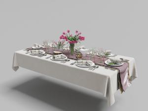 摆放郁金香花束、刀叉盘子的餐桌餐具3d模型 摆放郁金香花束、刀叉盘子的餐桌餐具