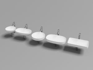 各种造型的白色带不锈钢水龙头的洗手盆