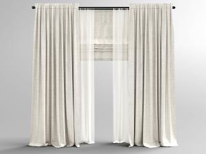 带有窗帘杆、窗纱和罗马帘的窗帘