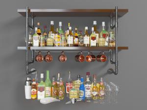 陈列在工业风收纳架上的红酒饮料和高脚杯3d模型 陈列在工业风收纳架上的红酒饮料和高脚杯