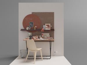 北欧极简金属支架的书桌椅、可折叠红色台灯3d模型 北欧极简金属支架的书桌椅、可折叠红色台灯