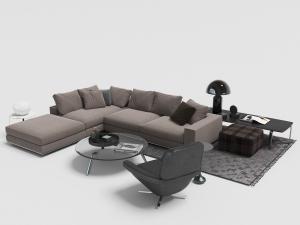 现代奶咖色转角多人沙发、黑色休闲椅和圆形玻璃茶几