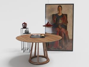 新中式实木圆形餐桌、边几和人物装饰画