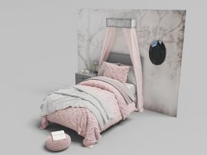 北欧灰粉色带有床幔的女孩单人床