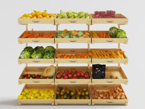 蔬菜生鲜店实木多层分类摆放的货架和水果蔬菜