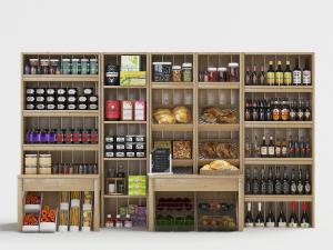 摆满饮料、红酒和食品的货架