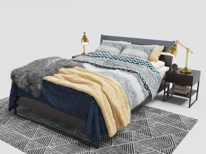 新中式实木双人床、床头柜和金色台灯