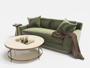 现代复古草绿色双人沙发、圆形茶几