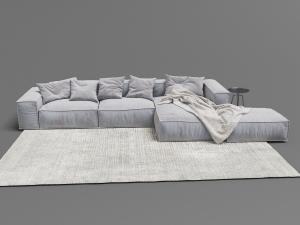 现代灰白色转角面包块多人长沙发、地毯