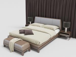 现代圆角皮革床头双人床、床尾凳