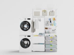 阳台洗衣区洗衣机、烘干机和收纳架