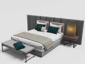 新中式带有软包背景墙的双人床、床尾凳