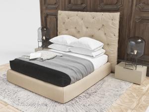 新中式软包床头、实木背景墙和黑色玻璃床头灯