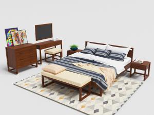 新中式棕色实木双人床、斗柜和梳妆台