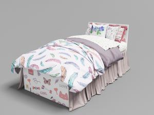 北欧儿童单人床、带有羽毛图案的布艺床品