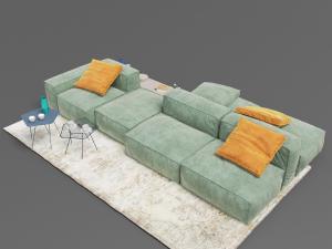 现代草绿色双向面包块布艺软包长沙发