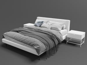 现代白色双人床、灰色布艺床品和床头柜组合