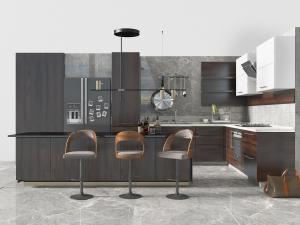 厨房整体咖啡色橱柜、中间岛台延伸吧台的橱柜