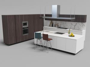 现代咖啡色厨房高柜、白色厨房中岛吧台