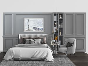 北欧灰色系布艺双人床、带收纳格的床头背景墙、休闲沙