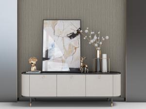 现代轻奢椭圆形电视柜、装饰画和饰品摆件