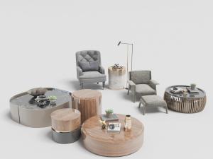 新中式方形圆形茶几、边几和休闲沙发椅3d模型 新中式方形圆形茶几、边几和休闲沙发椅