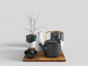 方形实木盘上的黑色哑光陶瓷茶壶和碗餐具3d模型 方形实木盘上的黑色哑光陶瓷茶壶和碗餐具