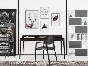 北欧黑色细脚书桌椅、黑板背景墙3d模型 北欧黑色细脚书桌椅、黑板背景墙