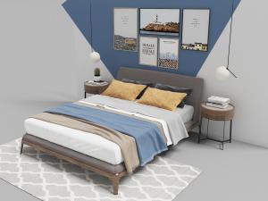 现代布艺床头双人床、圆形床头柜和装饰画