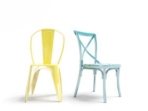 北欧亮黄色塑料、蓝色不锈钢餐椅