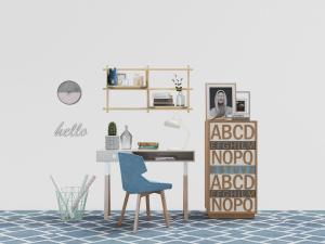 北欧白色实木书桌、蓝色椅子和字母装饰柜3d模型 北欧白色实木书桌、蓝色椅子和字母装饰柜
