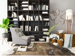 北欧带有黑色整体书柜、休闲沙发和落地灯