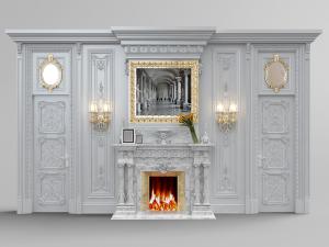 欧式白色古典雕花背景墙、壁炉和壁灯