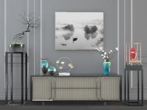 新中式装饰柜、盆景花架和饰品摆件