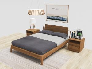 东南亚实木框架的双人床、床头柜和装饰画