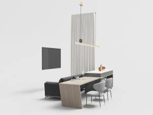 现代轻奢厨房中岛延伸的实木餐桌椅