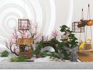 中式带有鸟笼、松树盆景、桃树的园林景观