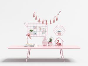 北欧粉红色长方形书桌、火烈鸟饰品摆件3d模型 北欧粉红色长方形书桌、火烈鸟饰品摆件