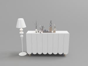 简欧白色栏杆饰面的白色装饰柜、落地灯