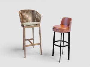 现代实木条形镂空靠背的吧台椅和皮革坐垫的吧椅