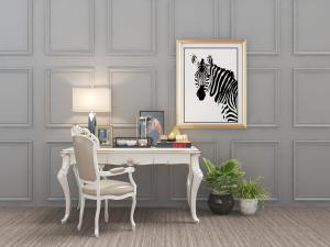 欧式白色镶边书桌、皮革坐垫的休闲椅、斑马装饰画模3d模型 欧式白色镶边书桌、皮革坐垫的休闲椅、斑马装饰画模