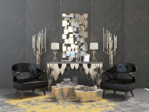 北欧鱼鳞造型的装饰柜、树枝落地灯和黑色镂空靠背休闲椅