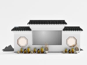 中式建筑背景墙和陶罐