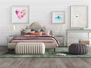 简欧米黄色软包床头双人床、床尾凳