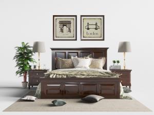 美式胡桃木双人床、床头柜和台灯组合