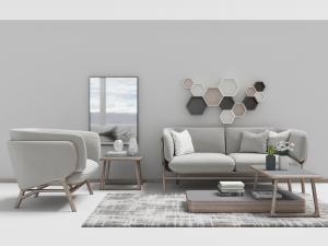 北欧实木边框的布艺多人沙发、单人沙发和组合茶几